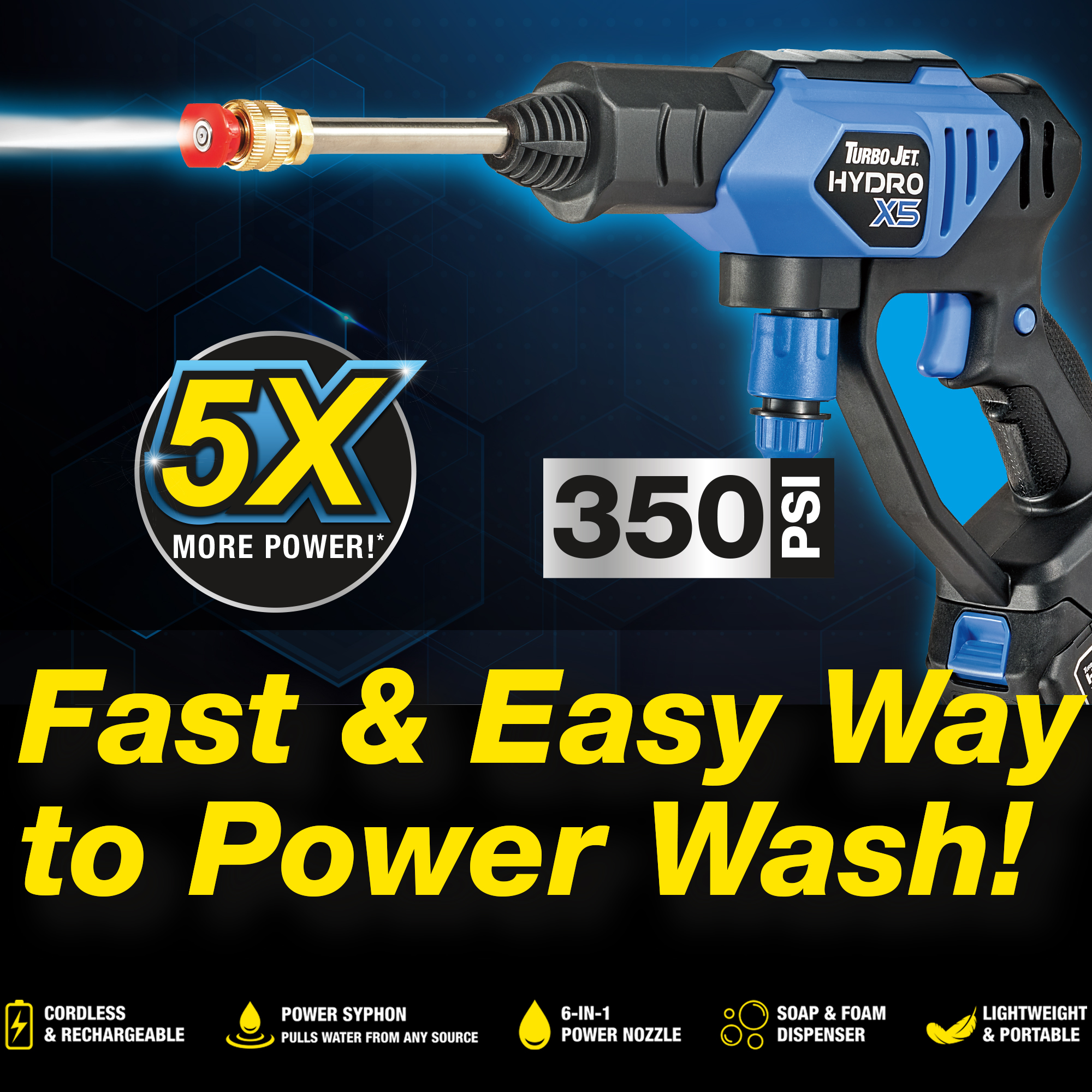 TurboJet Hydro X5 Cordless Power Washer – 5X More Power 350 PSI Fast and Easy Way to Power Wash